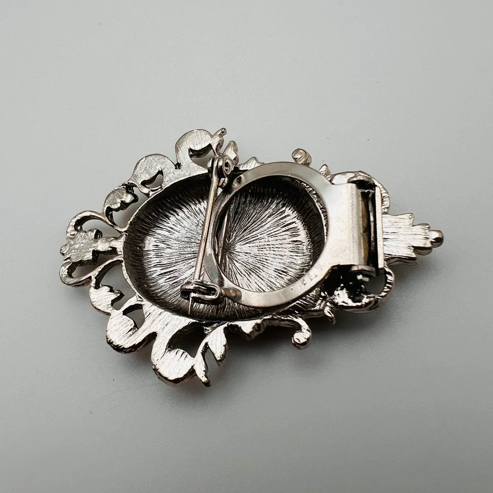 Vintage Ornate Scroll Brooch Scarf Clip Dual Purpose Silver Tone Victorian Style